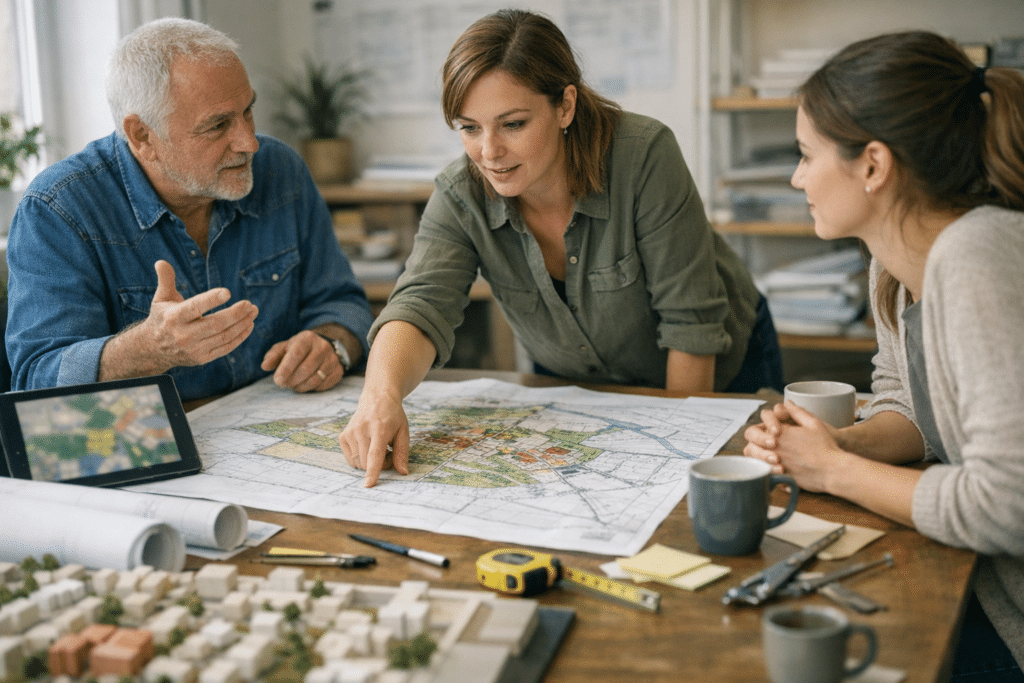 Tervezőcsapat tárgyal egy településrendezési terv felett