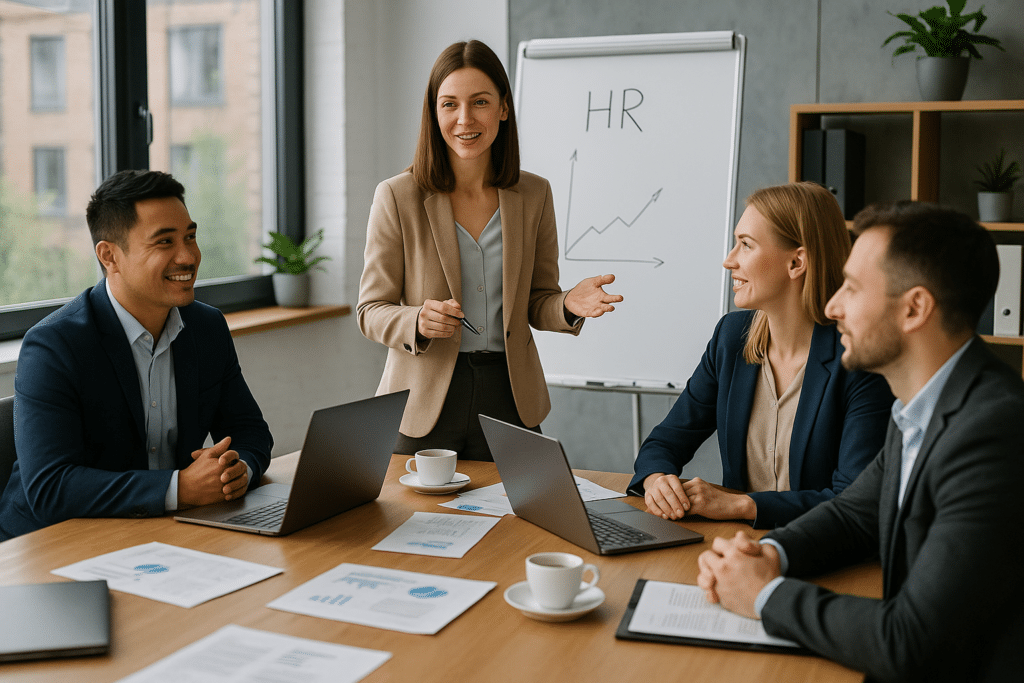 A Jobtain munkaerő kölcsönző sokszínű szakemberei hatékony munkaerő-közvetítés közben.