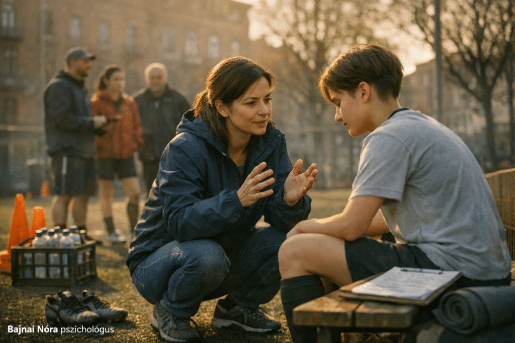 Bajnai Nóra pszichológus vezeti tinédzser futballistát légzés és vizualizációs gyakorlattal