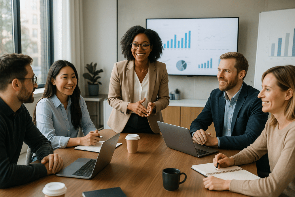 HR szakemberek employer branding stratégián dolgoznak modern irodában, együttműködve.