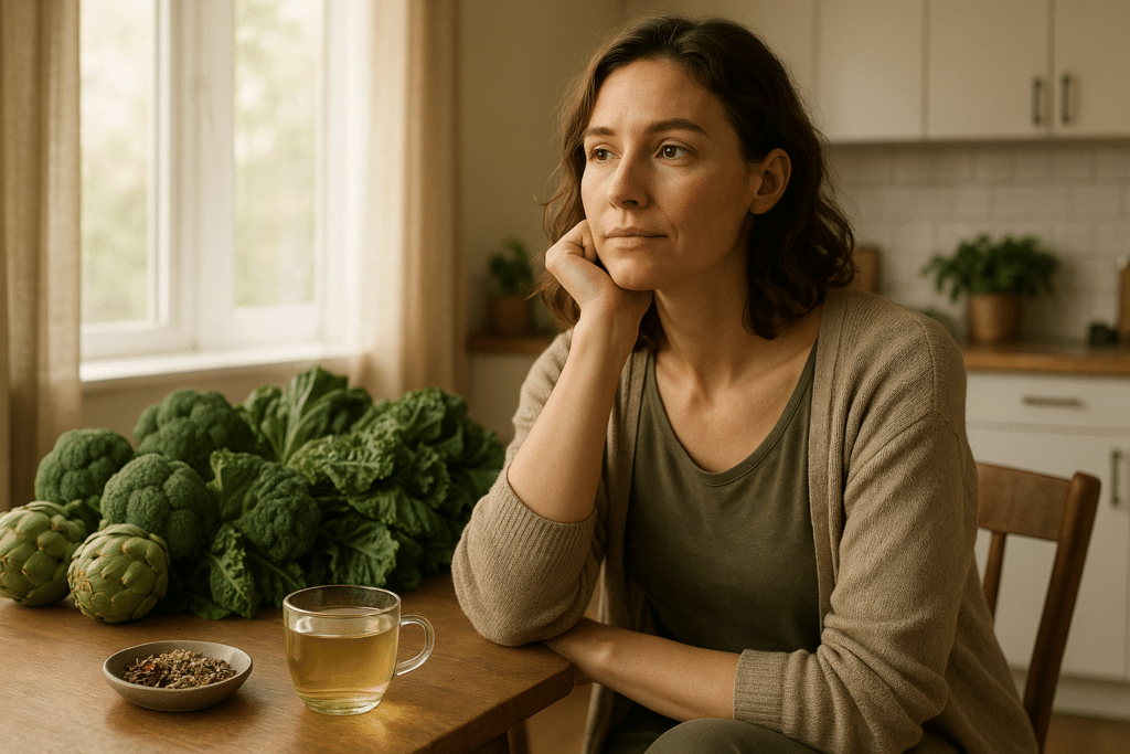 Nő növényi gyógynövényekkel a konyhában – magas ösztrogénszint kezelése