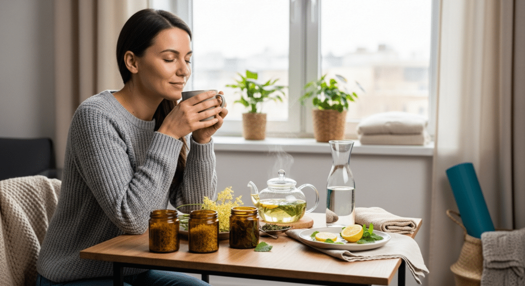 Nő ül konyhában, gyógynövényes tea gőzét inhalálja a stressz ellen