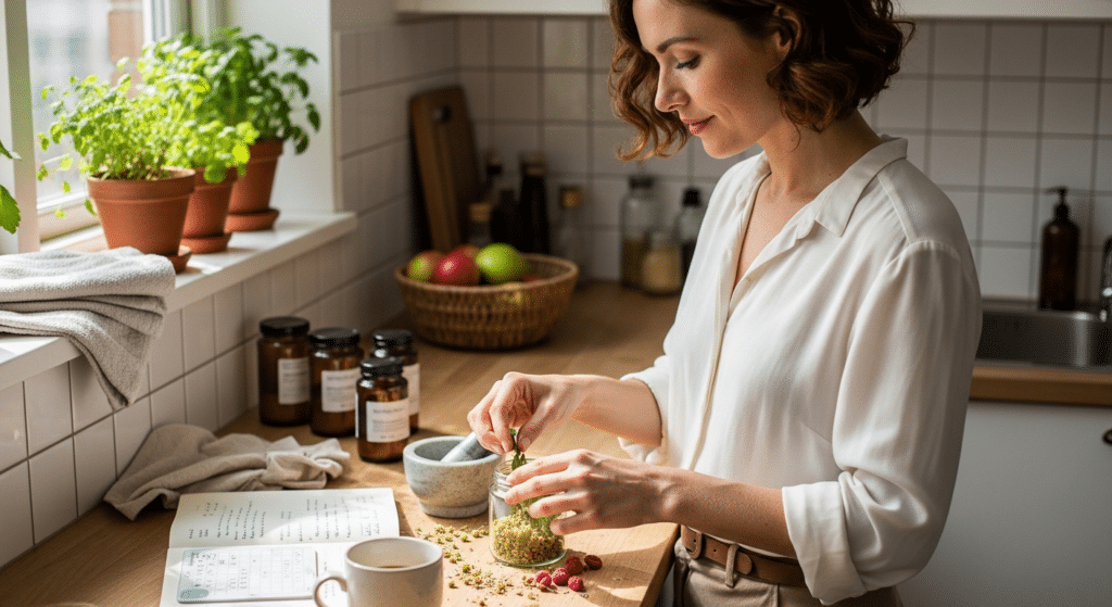 Nő készít gyógynövénykeveréket ciklus harmonizálása gyógynövényekkel napfényes konyhában