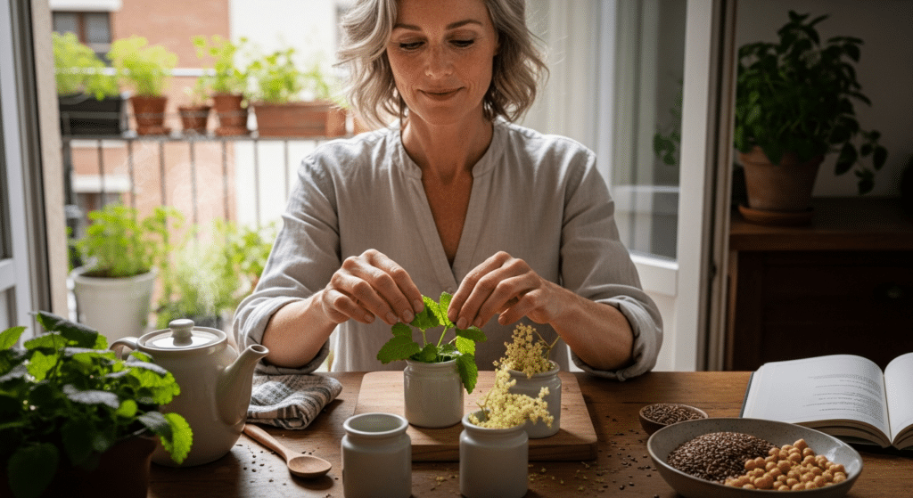 Nő asztalnál gyógynövényekkel a menopauza utáni tünetek enyhítésére