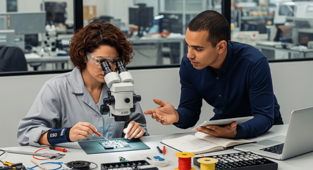 minőségügyi technikus állás Zalaegerszegen: női technikus PCB-t mikroszkóppal vizsgál