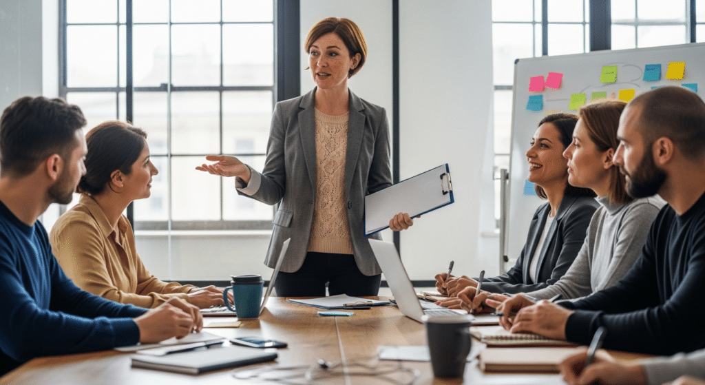 hr csapat felkészítés: tréner szerepjátékos interjúgyakorlat modern, világos irodában