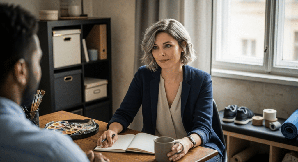 nem szokványos pszichológiai esetek: pszichológus figyelmesen ül ügyféllel városi rendelőben